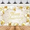 Happy Anniversary Backdrop Banner White Gold Elegant Photography Background for Wedding Couples Party Decor 72x43 Inch