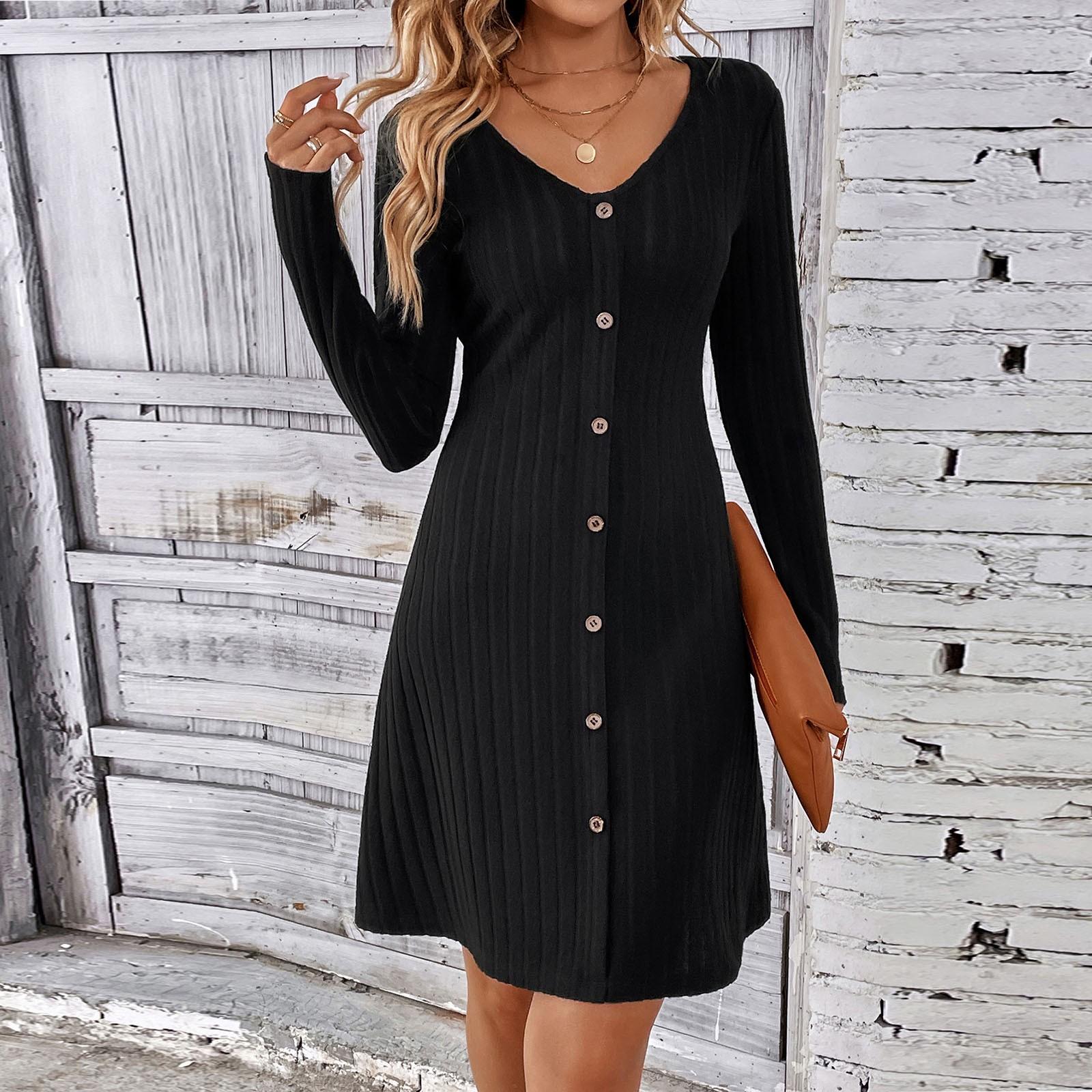 

Женское модное однотонное платье с длинными рукавами и пуговицами на талии S чёрный