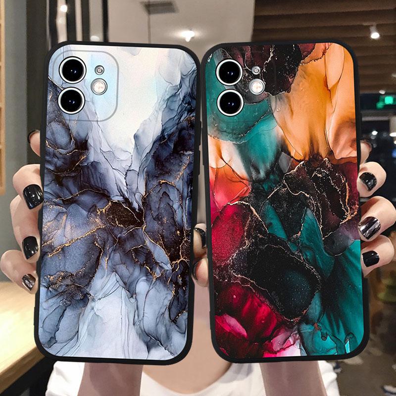 

Watercolor Painting Marble Pattern Case For iPhone 14 11 12 13 15 Pro Max Full Cover Soft Ink Painted For iPhone XS XR 6 7 8Plus