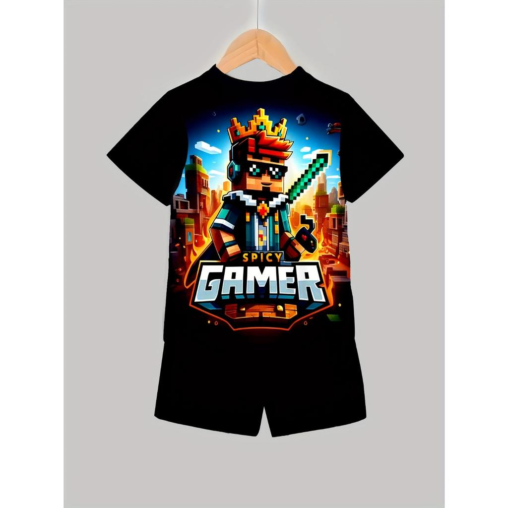 3D Printed Pattern Sword Man Building Block, Casual Minimalist Style Short Sleeved Set