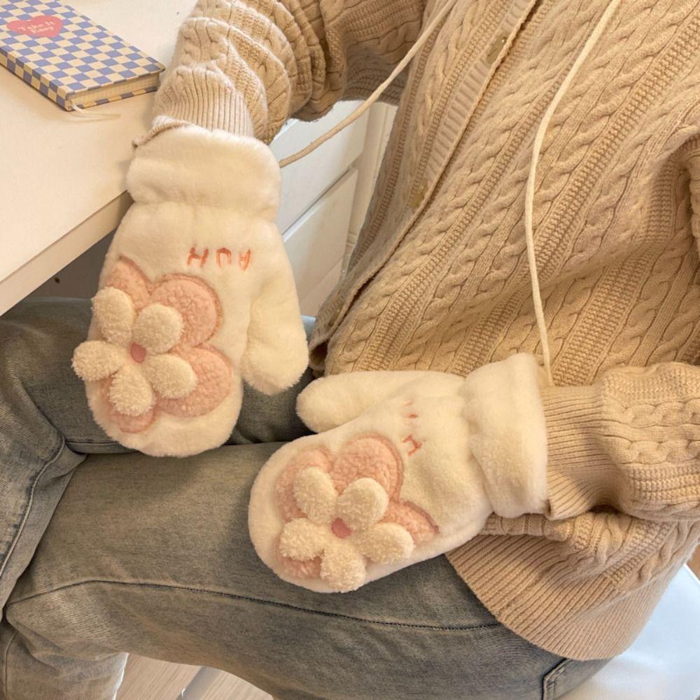 

Fur Flower Gloves Cute Winter Halter Mitten Soft Plush Mitten Riding темно-розовый
