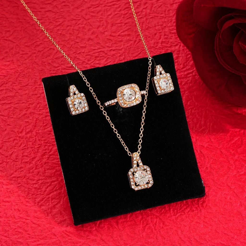 Luxury Square Zircon Crystal Gold Color Earrings Necklace Ring for Women Princess Bride Wedding Banquet Jewelry Set Gift