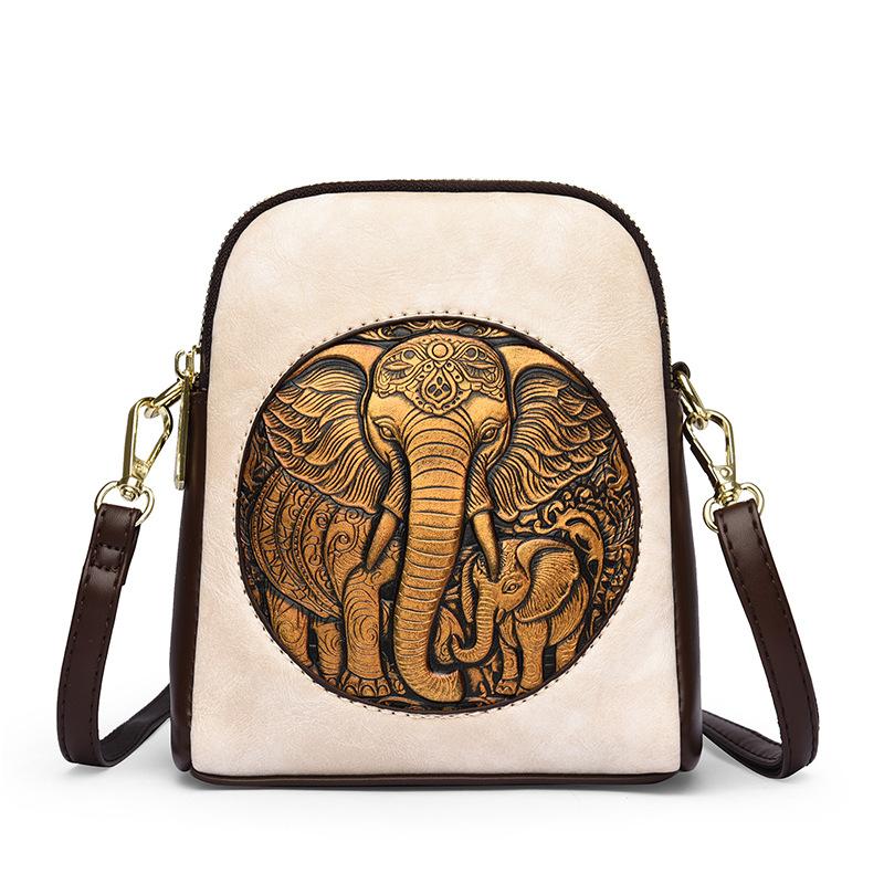 Women's Embossed Elephant Design Crossbody Bag Vintage Leather Shoulder Bag for Daily Use