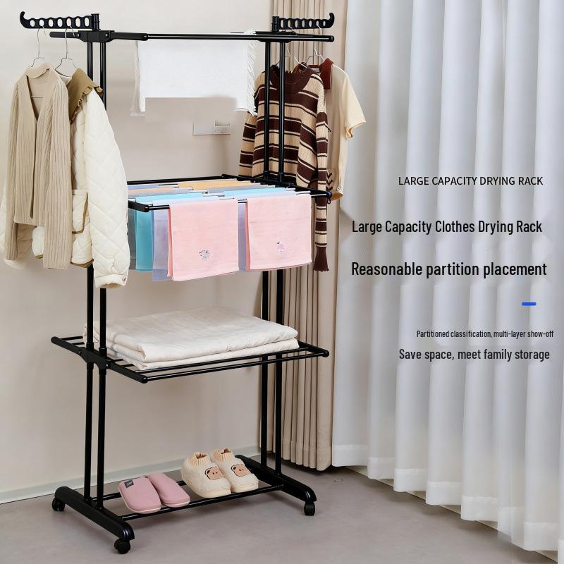 Folding Towel Rack with Retractable Double Rod for Balcony and Floor Drying