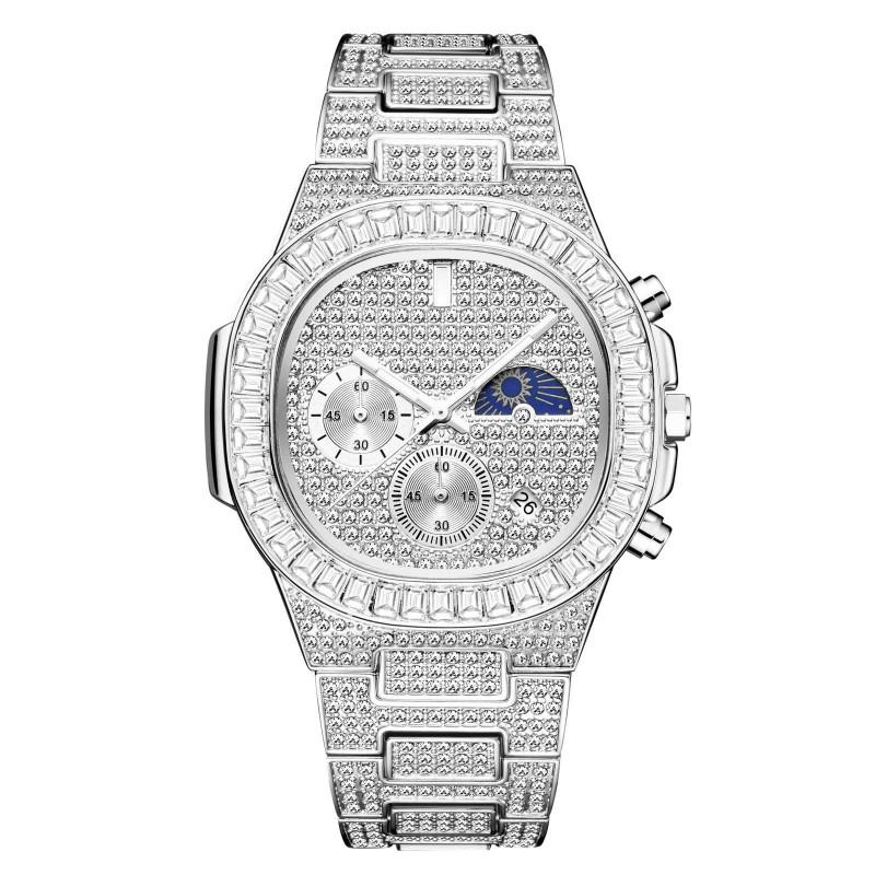 MISSFOX Mens Nautilus Series Watch Moon Phase Calendar Luminous Luxury Hip Hop Wristwatch