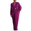 Women's Solid Deep V-Neck Batwing Sleeve Loose Slit Pleated Dress, Sexy Casual European American Style Fall Dress