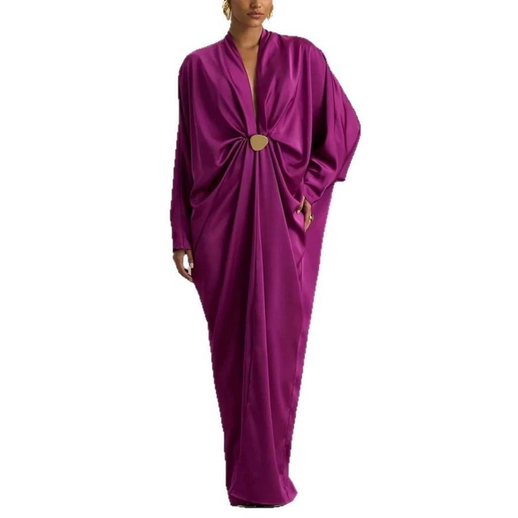 Women's Solid Deep V-Neck Batwing Sleeve Loose Slit Pleated Dress, Sexy Casual European American Style Fall Dress