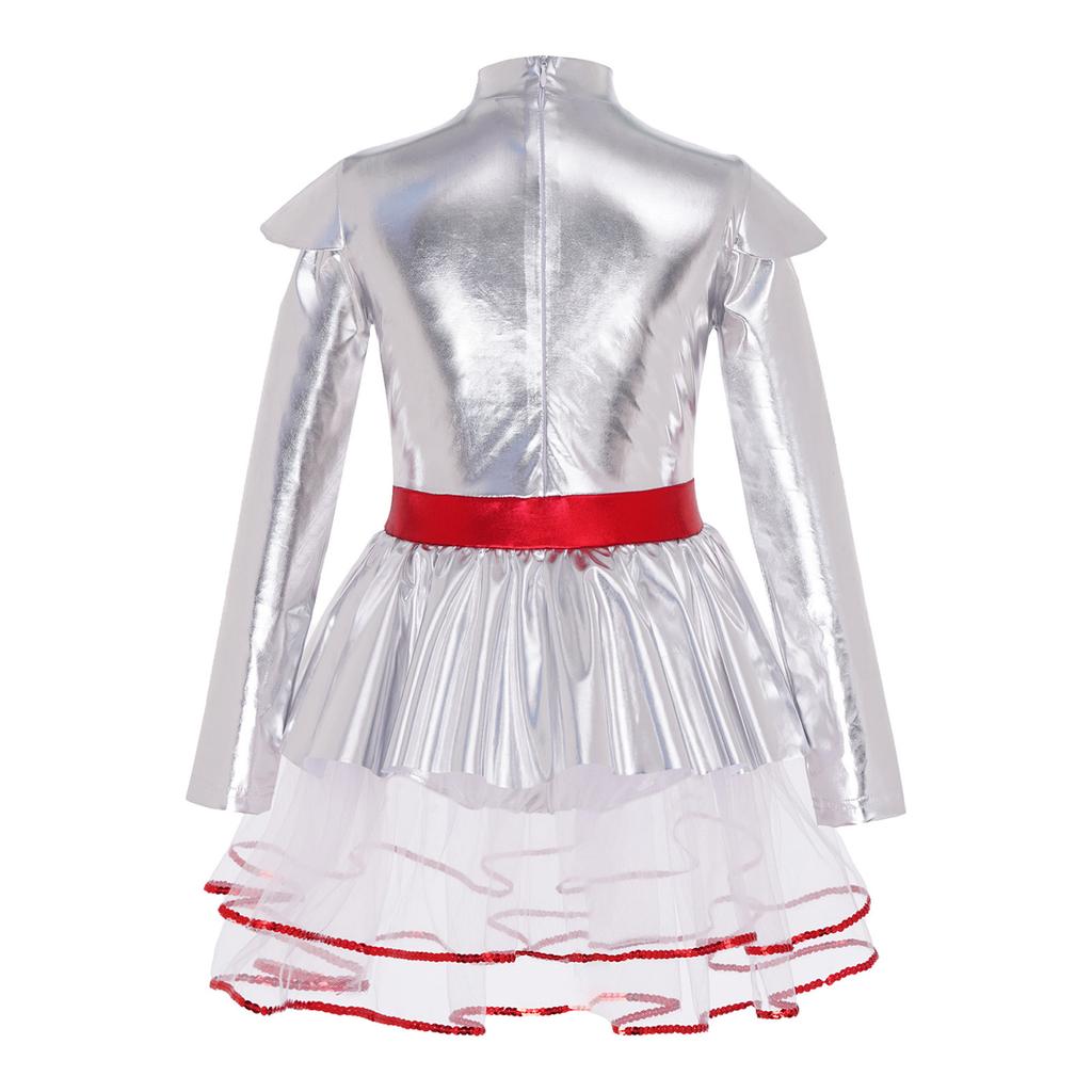 Kids Girls Halloween Tin Costume Mock Neck Long Sleeve Back Invisible Zipper Metallic Tulle Tutu Dress with Hat Axe Gloves for Role Play Theme Party