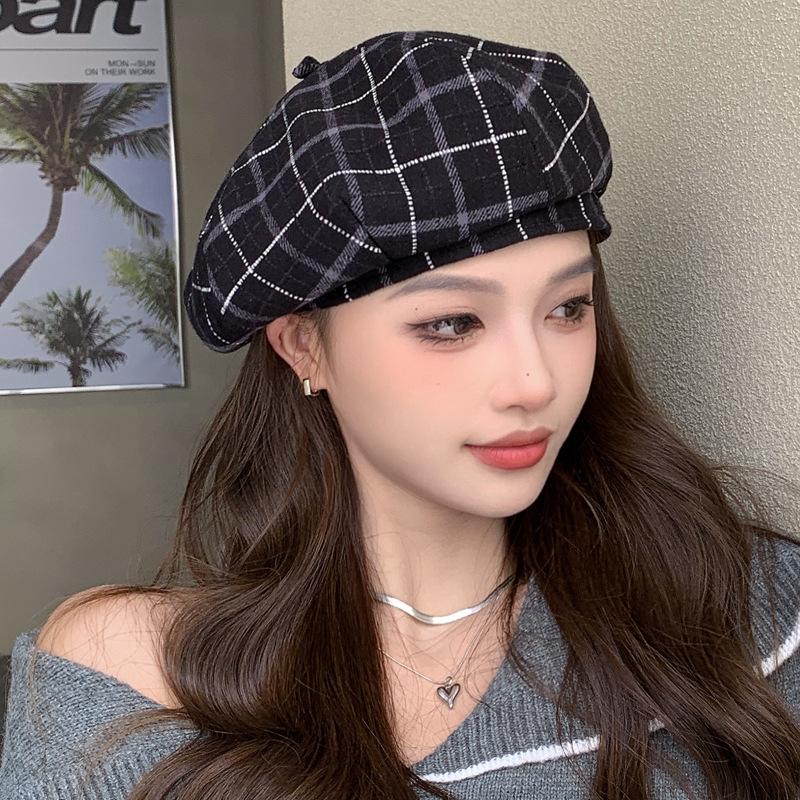British Retro Plaid Beret New Casual Painter Hat Women'S Simple Woolen Bud Hat Tide