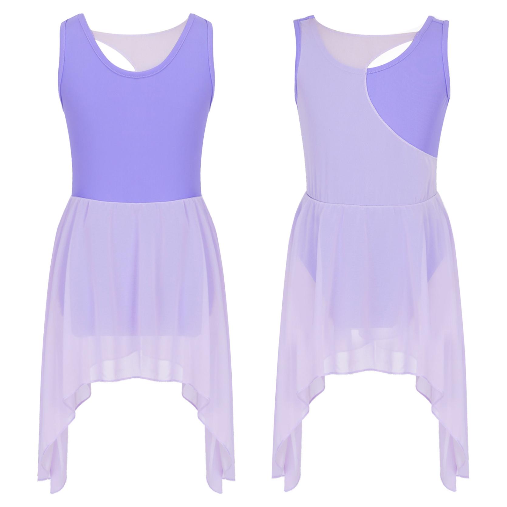 

Платье без рукавов в стиле пэчворк для девочек, платье контрастного цвета, современный лирический балет, латинский танец, юбка с неровным подолом 5-6 Years светло-фиолетовый