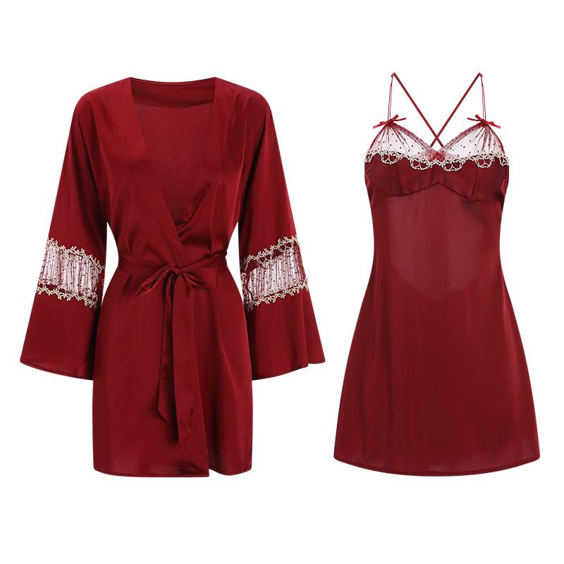 Women's Satin Sheer Mesh Fitted Backless Cami Sleep Dress with Robe Lounge Set