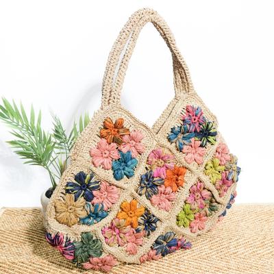 Zomerse bloemen raffia tas, geweven, veelzijdige handgeweven damestas met grote capaciteit, draagbare strandtas voor vakantie aan zee