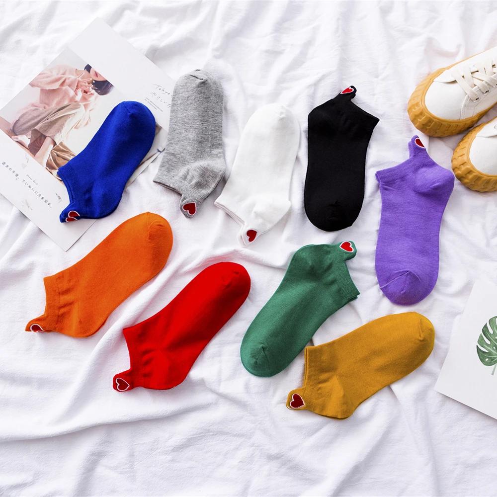 New Women's Summer Spring Cartoon Cotton Funny Embroidery Red Heart Socks Cute Girls Colorful Short Ankle Sokken Dropship
