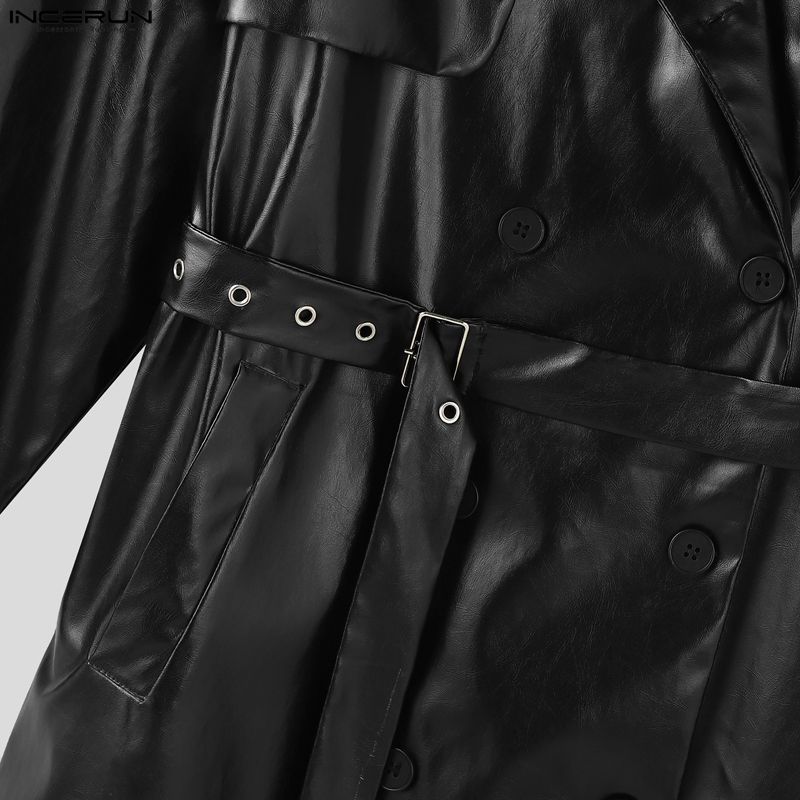 INCERUN Winter Men Long Sleeve Long PU Leather Coats Overcoat Outerwear