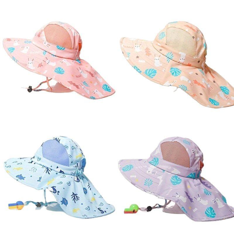Kids UV Protection Sun Hat With Cape Quick Dry Breathable Beach Cap Summer Printed Outdoor Shade Headwear For Boys Girls