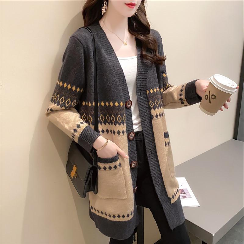 

Autumn and winter new long-sleeved loose medium and long fashionable retro neck sweater women s jacket knitted cardigan average size черный серый