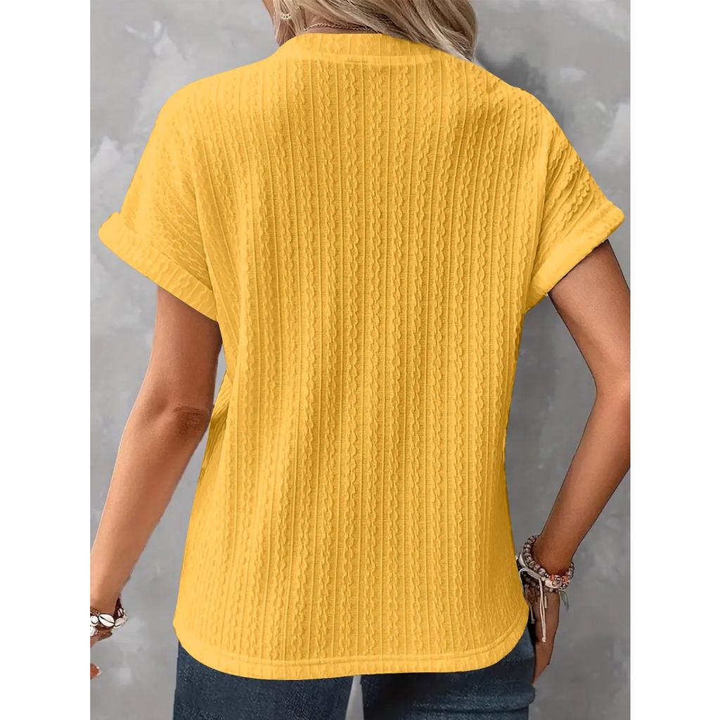 IHUASU Spring Summer Women's Fashion Casual Solid Color Button V-neck T-shirt Women