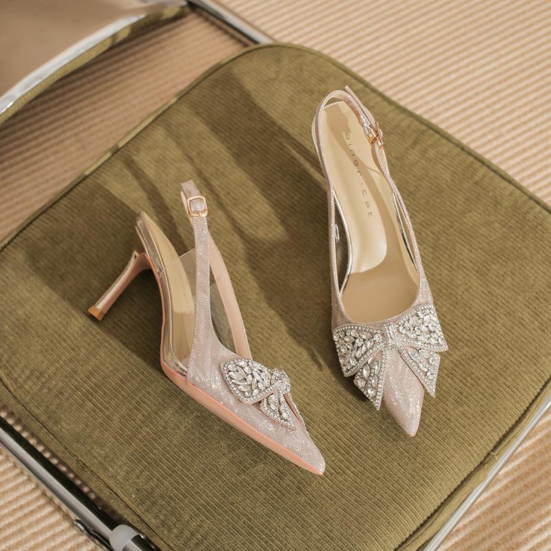 

7520-5 [sheepskin] high-heeled wedding shoes women s thin heels summer 2025 new pointed rhinestone bow sandals 34