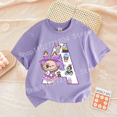 Sevimli Labubued Harf Baskılı Tişört Pamuk Yazlık Dış Giyim Kısa Kollu Kız Çocuk Giyim Üst Karikatür Çocuk Giyim Yeni Yürümeye Başlayan