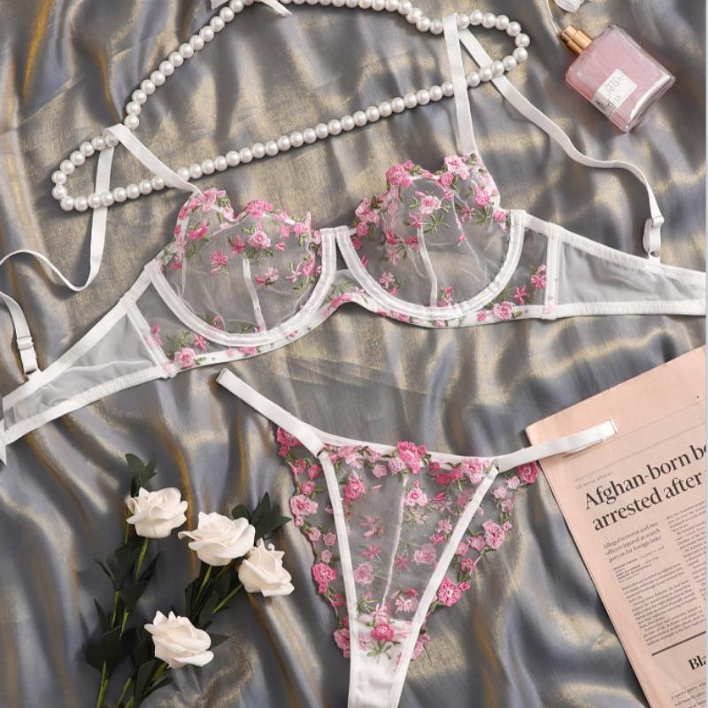 Dámská sexy krajková květinová souprava podprsenky Jednovrstvá podprsenka s kosticemi Tanga Bikini Lingerie Set