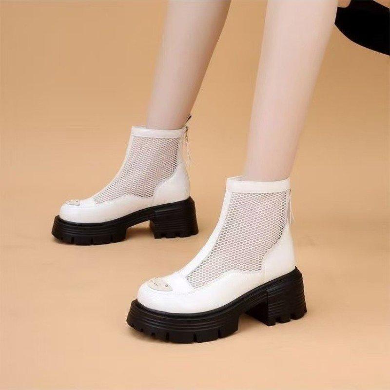 Spring and summer new thick-soled hollow mesh boots women's breathable mesh middle heel fashionable zipper personalized cool boots