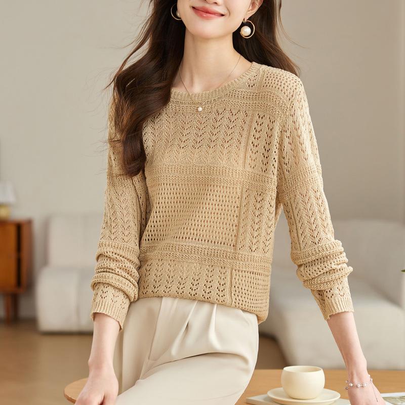 Long-sleeved hollowed-out knitted pullover, new summer thin sunscreen, short elegant blouse, sweater for women