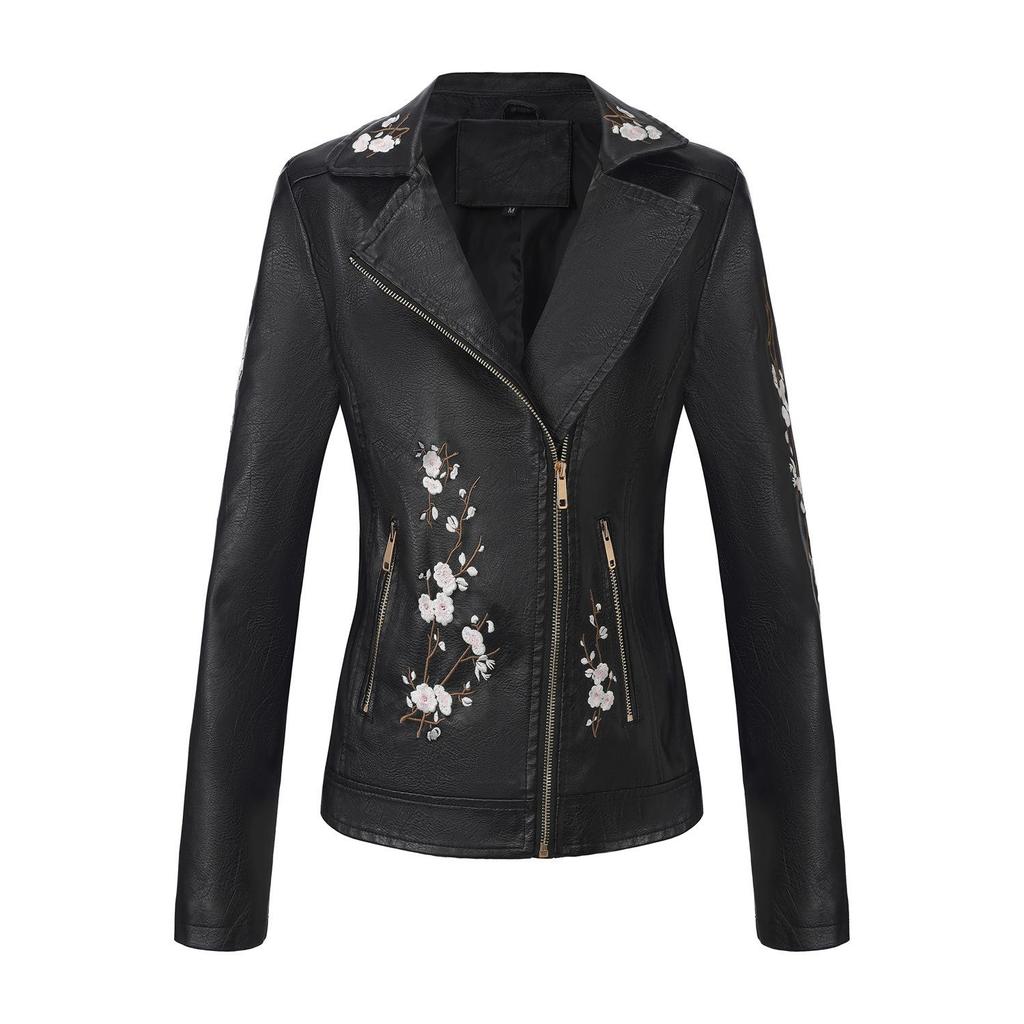 Women’s Faux Leather Jackets Embroidered Flower PU Bomber Coat Diagonal Zipper Outer Wear Autumn Winter Spring Motorcycle Biker Jacket