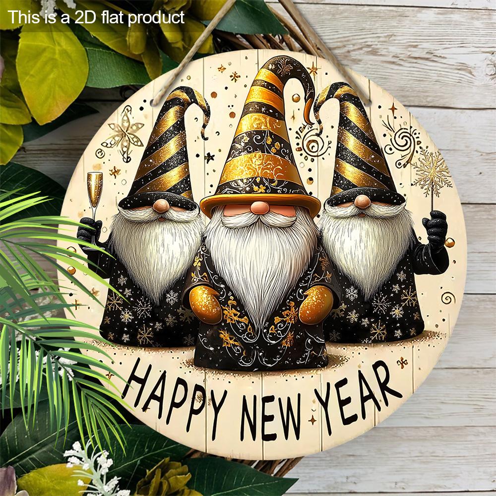 Celebrate The New Year Wooden Ornament with Gnomes Pattern - Happy New Year Round Sign for Front Door, Wall Hanging Decor