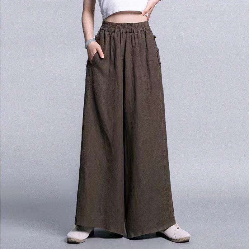 

Women s Plus Size Retro Linen Wide-Leg Frog Button Skirt Pants with Pockets 3XL [150-170 jin]