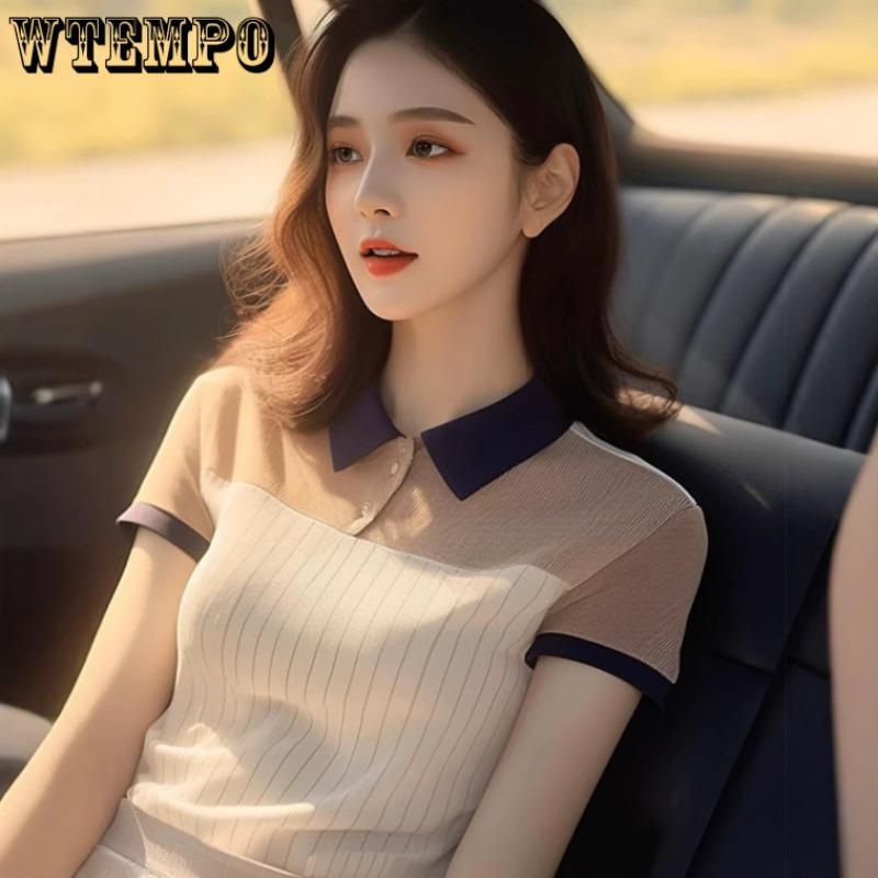 Summer Retro Hong Kong Style Slim Fit Polo Collar Knitted Top Short Sleeved T-shirt for Women