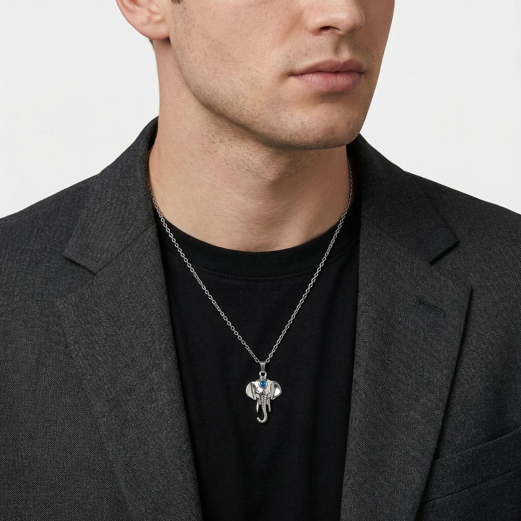 Vnox Men's Blue Stone Elephant Head Pendant O-chain Necklace, Stainless Steel Animal Waterproof Jewelry Longevity Strength Gifts