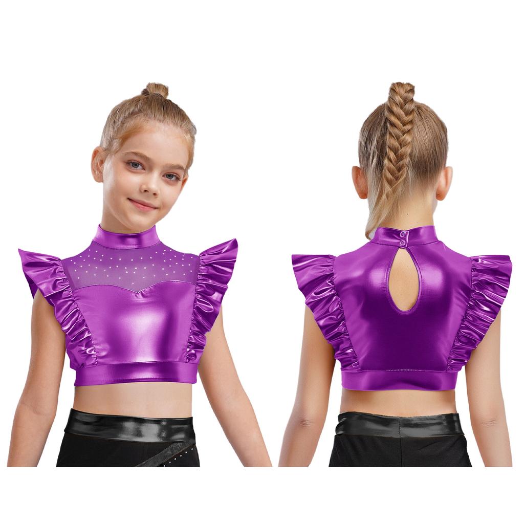 Kids Dance Shirt Metallic Mock Neck Mesh Patchwork Rhinestone Ruffle Crop Top with Press Buttons