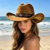 Fashion Embroidered Suede Western Cowboy Hat Large Brim Bull Head Belt Decorative Outdoor Hat Women's Top Hat