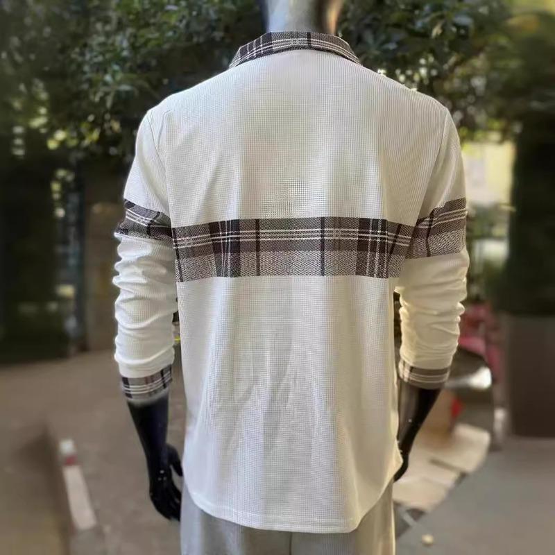 New Men's Casual Polo Shirt Long-Sleeved Colour-Blocked Checkered Button-Down Waffle-Weave Print Long-Sleeved Top
