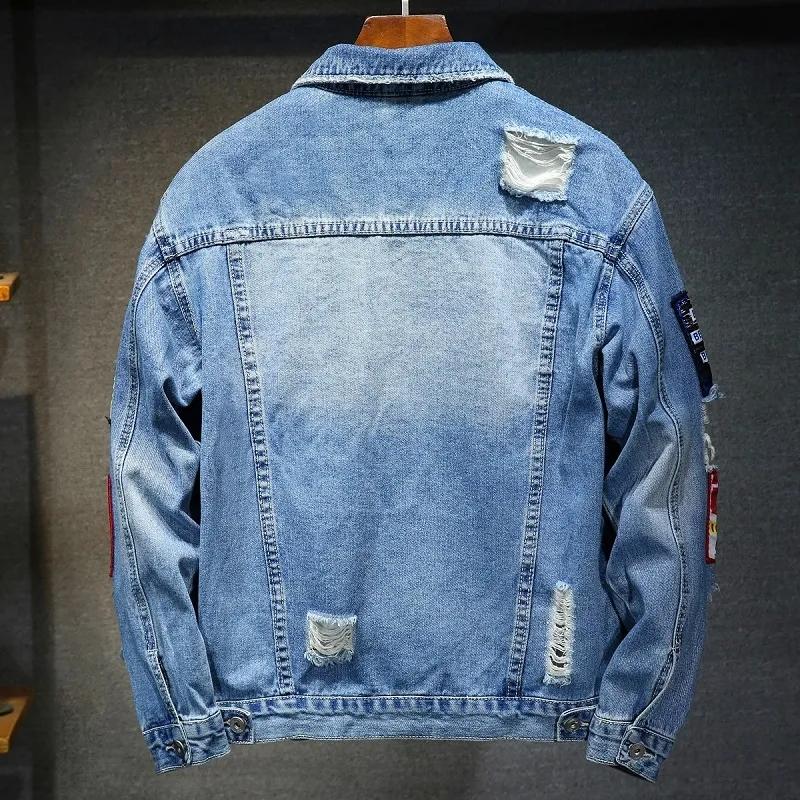 Jaqueta Jeans Masculina com Remendos Rasgados Streetwear Casaco de Algodão Desgastado Remendo Bordado Patchwork Roupa Exterior