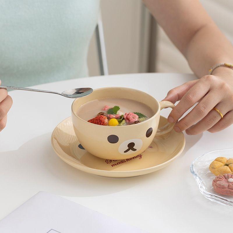 Cartoon Bear Face Coffee Mug Set Kawaii Ceramic Cup and Saucer for Milk Tea Aesthetic Japanese Style Large Capacity Tableware