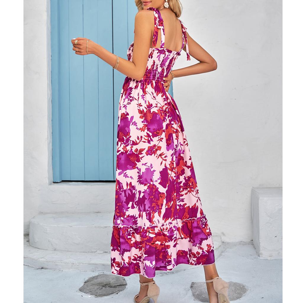 Maxi Dress Shirred Printed Strap Pleated Fashionable Elegant Female Maxi Dress for Dating Party