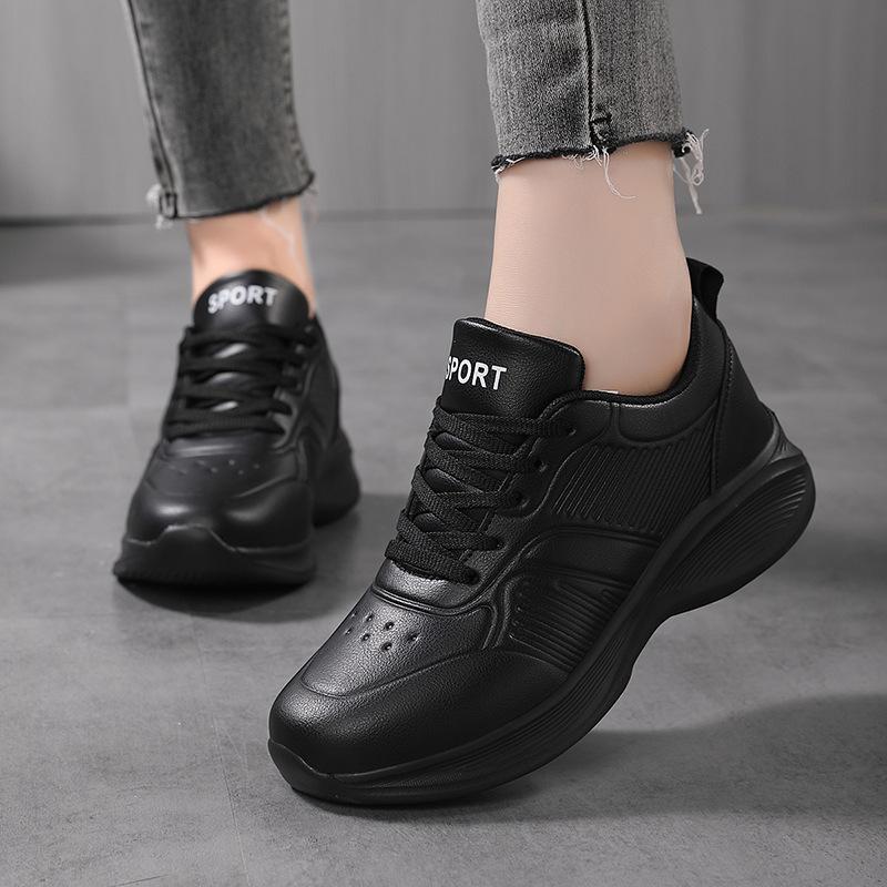 Fashion All Black Sneakers In Autumn Leather Waterproof Soft Sole Lightweight Pure Black Long Standing Without Tired Feet Work Shoes