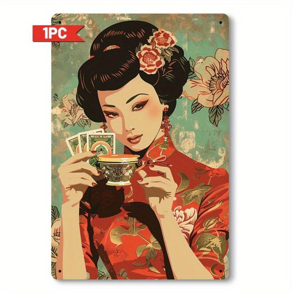 Vintage Metal Sign Elegant Chinese Lady Retro Wall Decor Home Art 20x30 Cm
