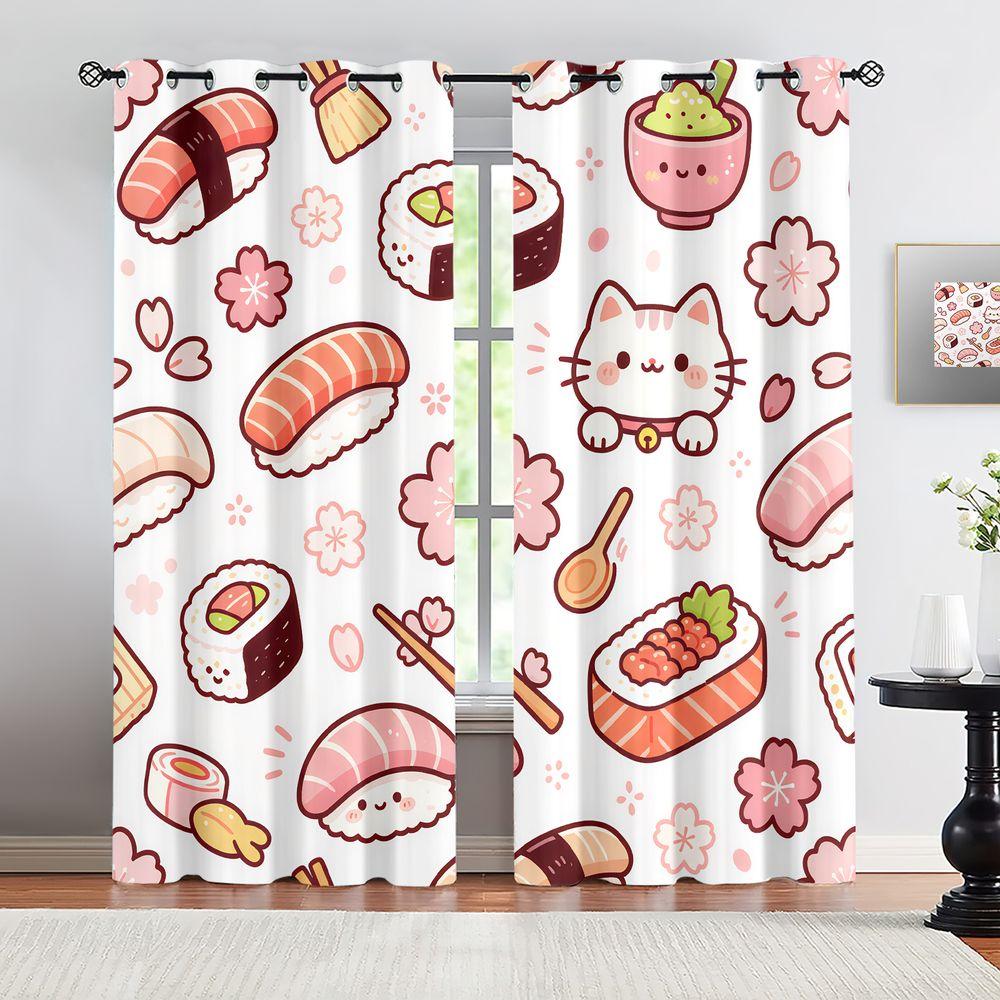 2 Panels Kawaii Sushi Cat Sakura Curtains 85% Light Blocking Drapes Bedroom Living Room Stylish Home Decor Holiday Gift