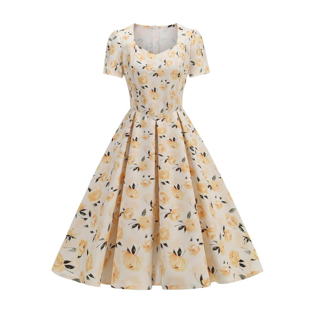 Letnia sukienka z kwadratowym dekoltem i nadrukiem w stylu vintage Hepburn