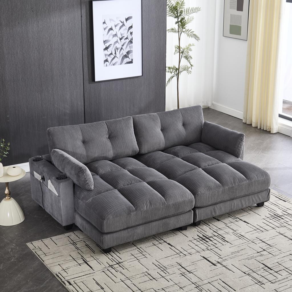 Graues Kord-Sofa 2-Sitzer, teilbar in 2 Sitze, 2 Kissen, 4 Getränkehalter, 4 Taschen, USB-Anschlüsse an den Armlehnen, für Wohnzimmer, Schlafzimmer und Arbeitszimmer