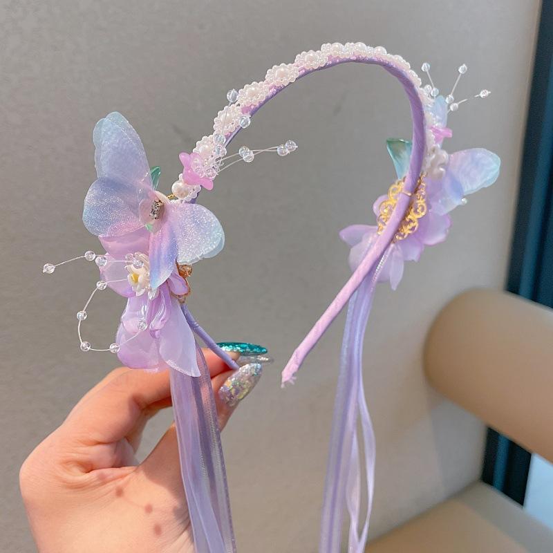 Floral Butterfly Hair Crown for Girls – Delicate Pearl & Silk Tassel Headpiece in Traditional Chinese Design