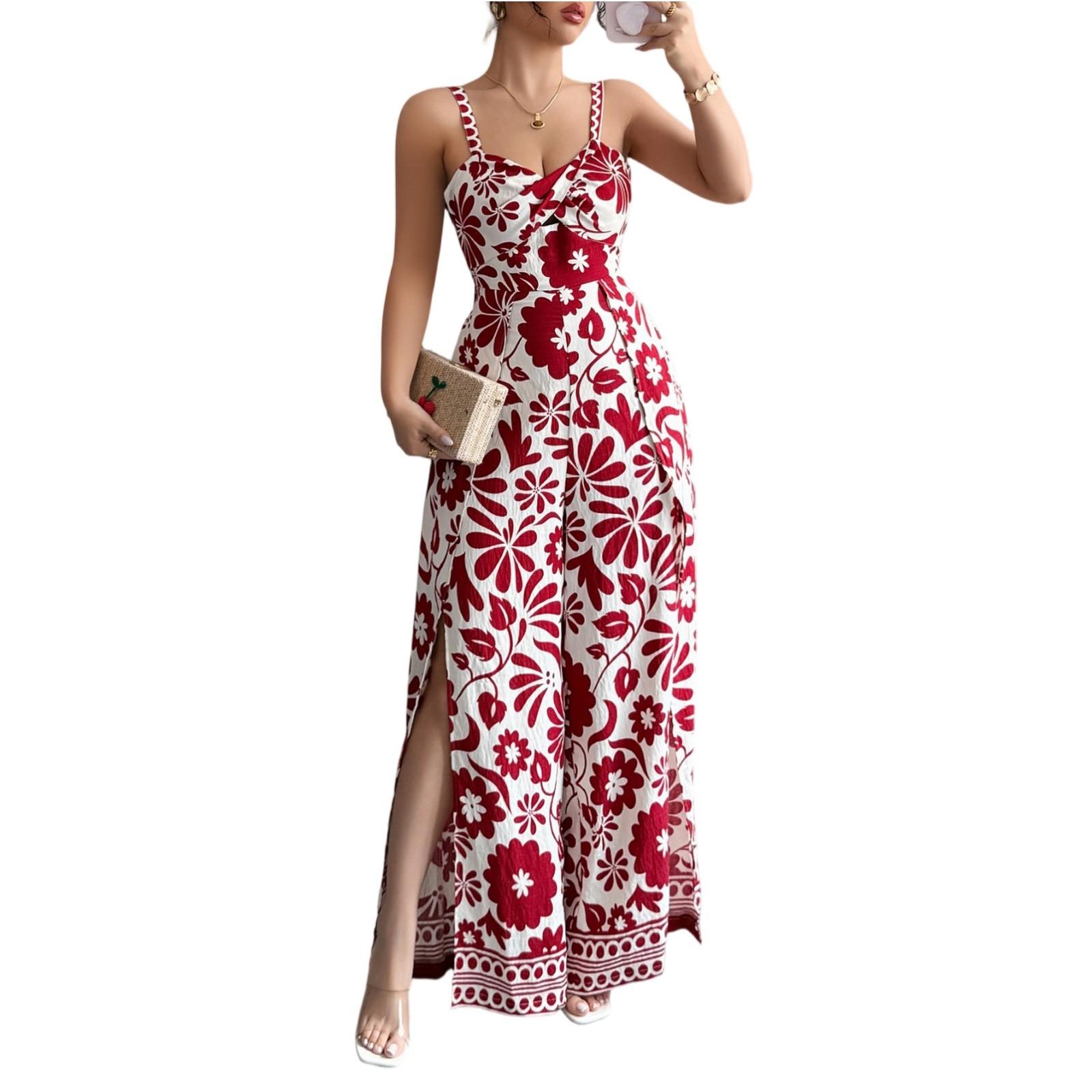 

Женские цельные брюки Temperament Elegant Twisted Printed Suspenders Широкие цельные брюки XL красный