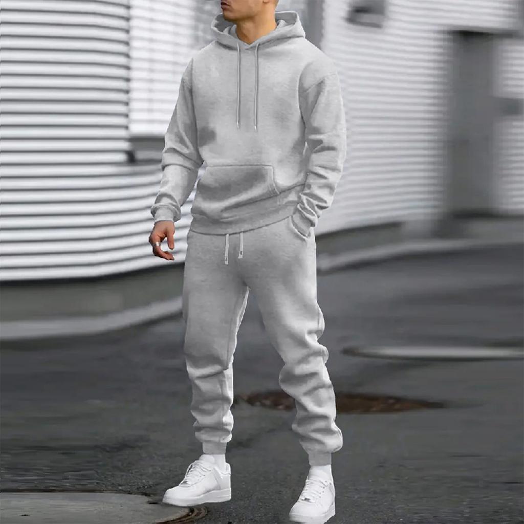 Men's Casual Sports Color Hooded Sweatshirt Pullover, Long Sleeved Pants Set