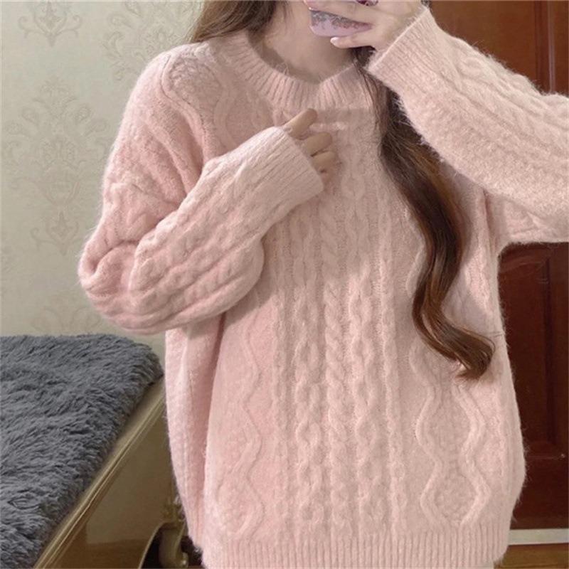 Lazy wind pink twist knitted sweater women's coat spring and autumn new soft waxy high-end top