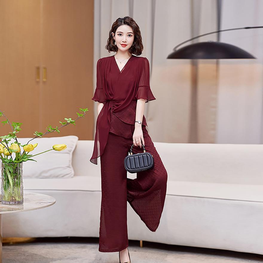 

Комплект брюк с широкими штанинами Женский летний тонкий комплект-двойка с чувством дизайна Модная омолаживающая свадебная одежда XXL