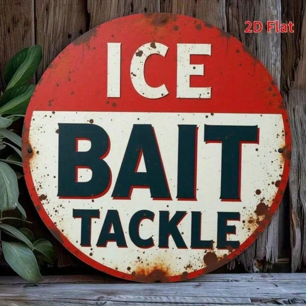 2D Metal Sign Ice Bait Fishing Tackle Shop Billboard, Rustic Wall Art for Man Cave Home Office Halloween Gift