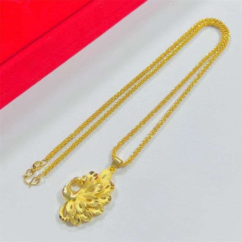 Luxury  Pure Gold Real Gold Women's Peacock Open Screen Pendant Necklace