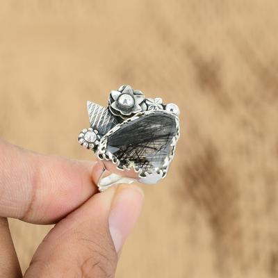 925 Sterling Silver Black Rutile Gemstone Engagement Sister Flower Ring Jewelry